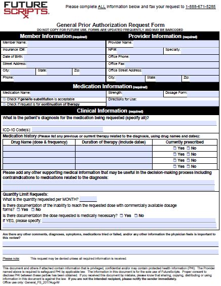 Free Future Scripts Prior Prescription (Rx) Authorization Form - PDF
