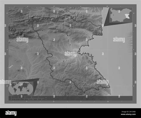 Burgas, province of Bulgaria. Grayscale elevation map with lakes and rivers. Locations of major ...