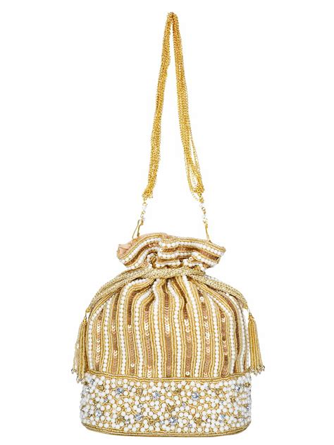Anekaant Gold & Pearl Dangle Sequines Embellished Faux Slik Potli