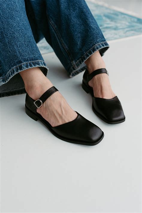 Square Toe Mary Jane in Black Leather Women Flats Shoes Low - Etsy