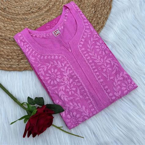 Tuba Ombre Shaded Dobby Cotton Chikankari Kurti - Pink Colour – Chikankaar
