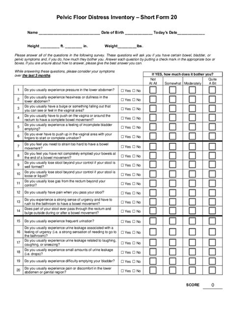 Pelvic Floor Distress Inventory Short Form 20 - Blank Fillable Template ...