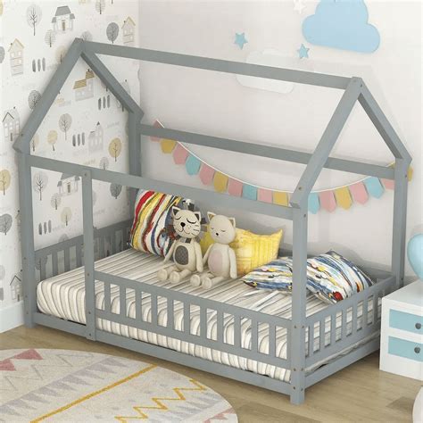 Ktaxon Montessori Full Floor Bed with Safety Guardrails, Toddler Bed ...