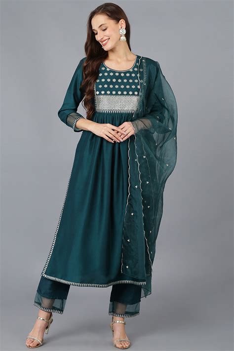 Teal Silk Blend Solid A-Line Kurta Trousers With Dupatta - Ahika