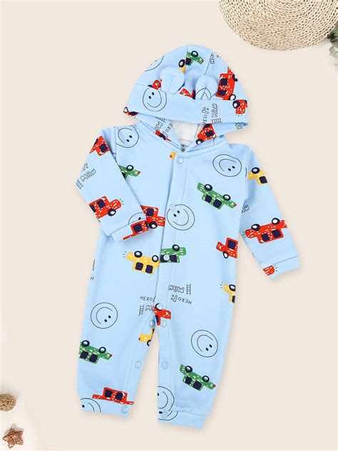 Mee Mee Light Blue Cotton Romper with Hood & Car Print – Soft & Cozy B