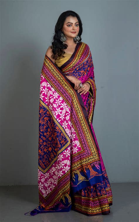 Tie-Dye Pure Silk Hand Embroidery Kantha Stitch Saree in Hot Pink, Roy ...
