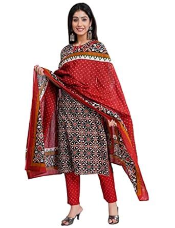 Buy GoSriKi Women's Cotton Blend Straight Printed Kurta with Pant ...