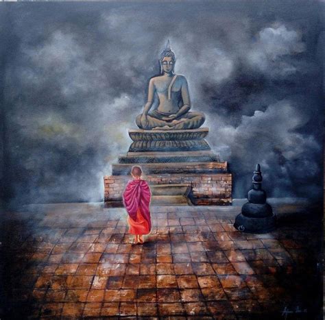 "Monk Child And Buddha": Grey Acrylic Painting by Arjun Das – ArtZolo.com
