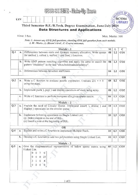 BCS304 Third Sem Exam: Data Structures & Applications Guide - Studocu