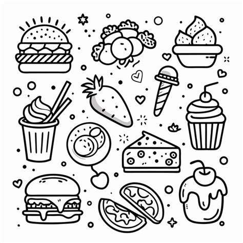 Hand drawn black and white doodle food icons with various desserts ...