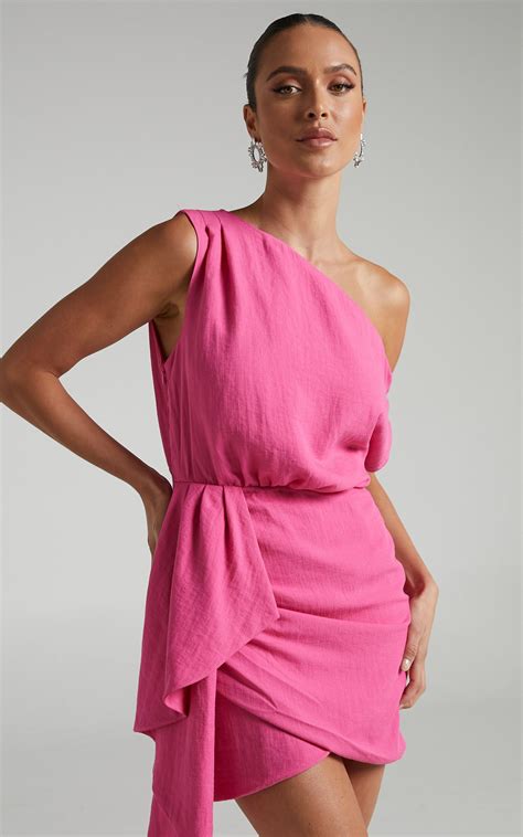 Niana Mini Dress - Drape One Shoulder Dress in Pink | Pink wrap dress ...
