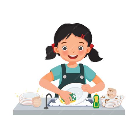 Happy cute little girl washing dishes standing at sink in the kitchen ...