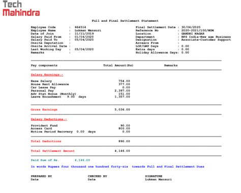 Tech Mahindra — access card deduction charge