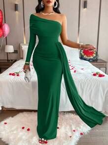 Asymmetrical Shoulder Elegant Long Sleeve Dress,Ladies Party Draped ...