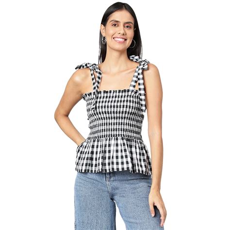 FINSBURY LONDON® Womens Black and White Smocked Crop Top Womens Crop ...