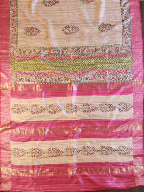 Bhagalpur Pure Handloom Tussar Silk Saree With Block Print Design-Beig