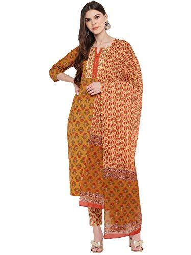 Buy Vbuyz Women's Floral Print/Sequience Straight Cotton Mustard Yellow ...