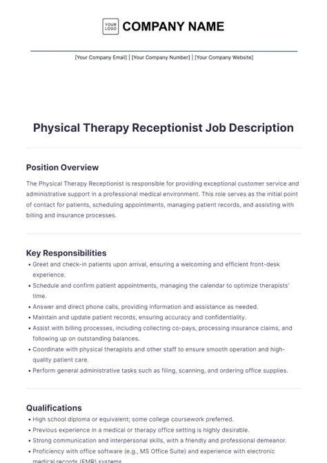 Free Physical Therapy Receptionist Job Description Template to Edit Online