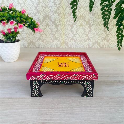 Yellow Pink Decorative Wooden Pooja Chowki – Ritwikas