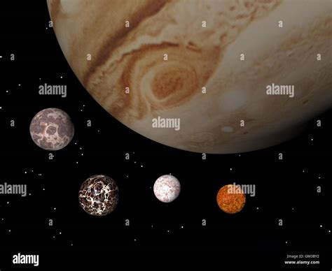 Jupiter and its satellites - 3D render Stock Photo - Alamy