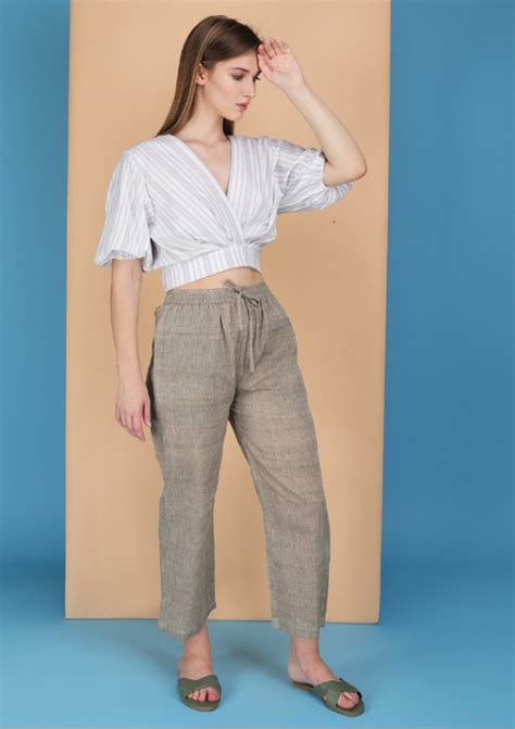 Overlap elasticated waist striped blouson made in natural fibre