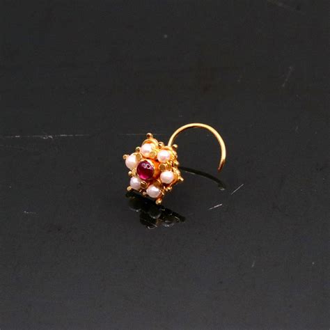 6mm white pearl and red stone fabulous 20kt yellow gold nose pin nose ...