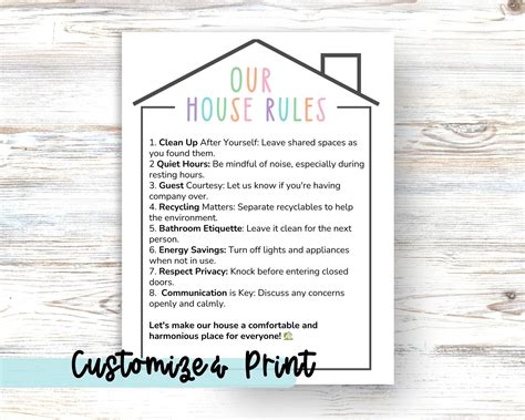 Editable House Rules Chart for Kids and Families, Household Rules Chart ...