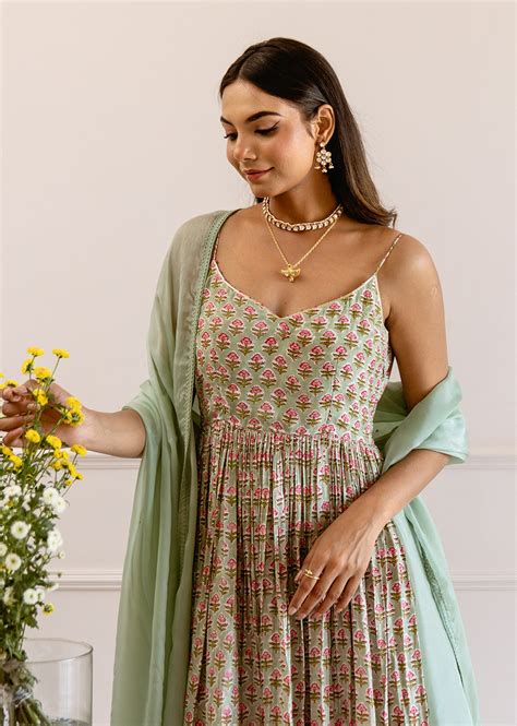 Shop Best Green Printed Strappy Anarkali Suit Set for Women Online ...
