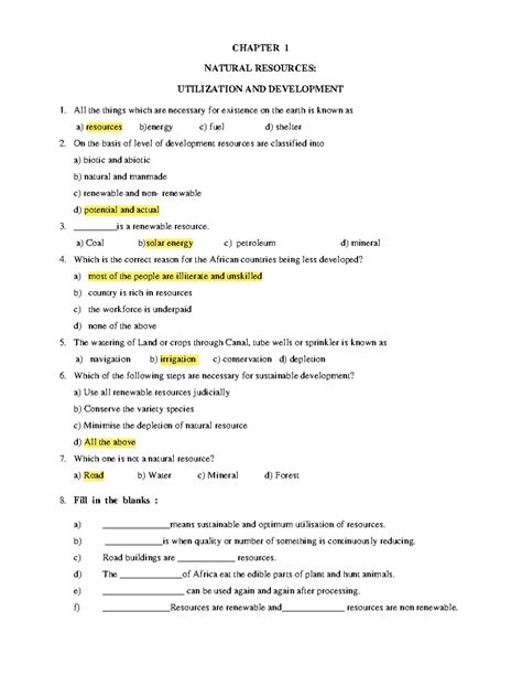 SST Question Bank Class VIII - CHAPTER 1 NATURAL RESOURCES: UTILIZATION ...