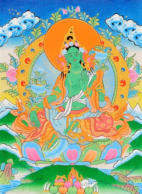 Exotic India Tibetan Buddhist Goddess Green Tara - Tibetan Thangka ...