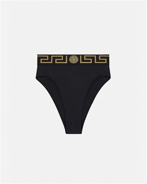 Greca Border High Waist Bikini Bottoms Black | VERSACE CA