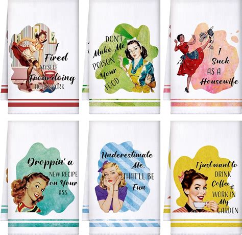VitalCozy 6 Pcs Funny Kitchen Towel Set Funny Housewife Dish Towel Farmhouse Rustic Bath Hand ...