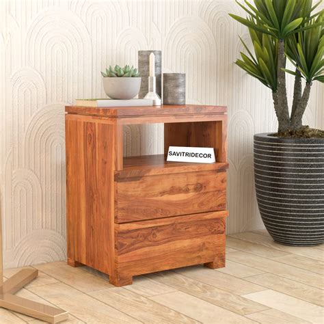 SAVITRIDECOR Sheesham Wood Bedside End Table with 2 Drawers and Open ...