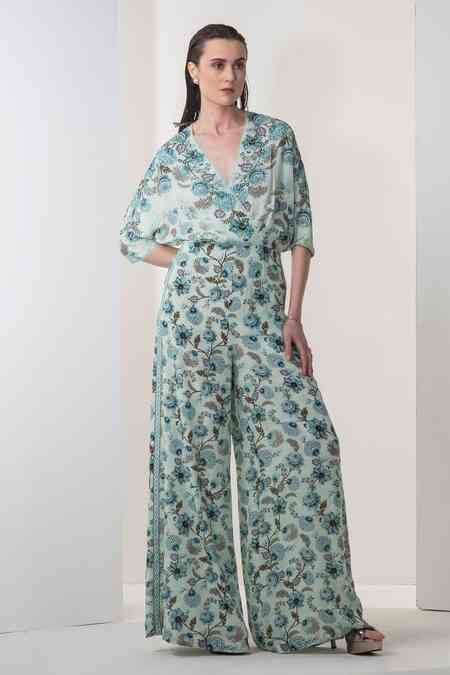 Buy Blue Crepe Printed Floral Motifs V Neck Aurora Overlap Jumpsuit For ...