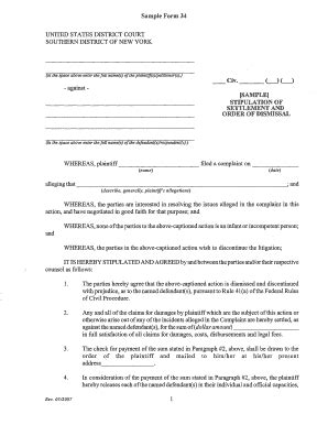 Form 34: Stipulation Of Settlement And Order Of Dismissal, Civil ...