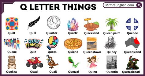Q letter Things Names and Pictures for kids - MR MRS ENGLISH