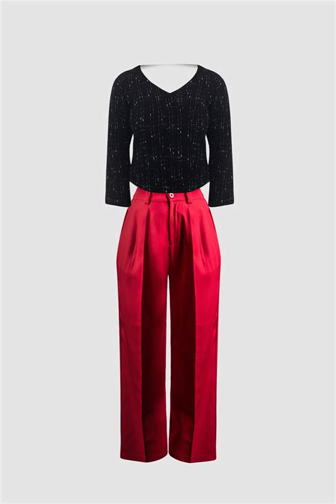 (Combo) Red Wide Leg Pant (Iris) & Premium Black Tweed Top (Aurora ...