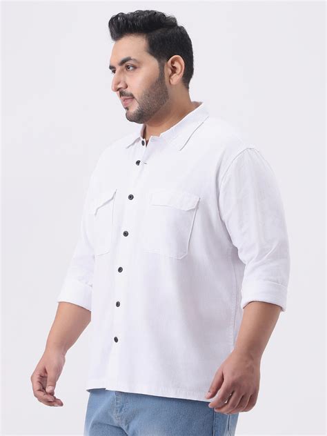 Plus Men's White Cotton Full Sleeve Relaxed Fit Shacket with Utility P ...