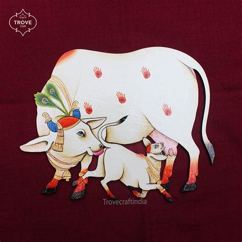 Pichwai cow and calf MDF cutout in white - Left Facing – Trove Craft India
