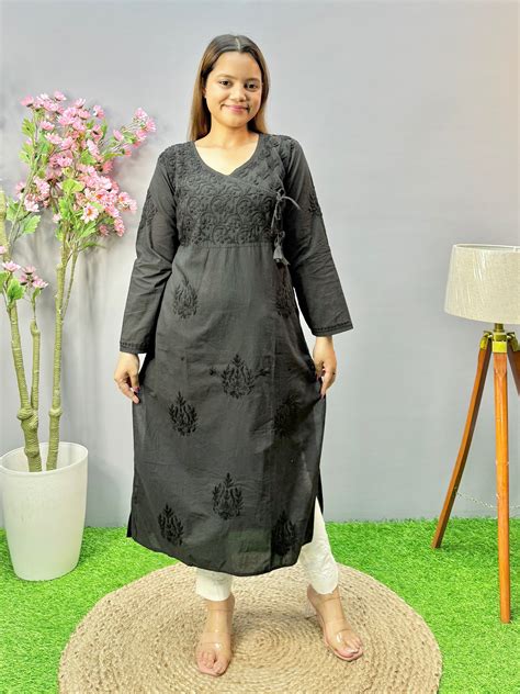 Black Cotton Chikankari Kurta – Angrakha Pattern in Lucknowi Charm – R ...