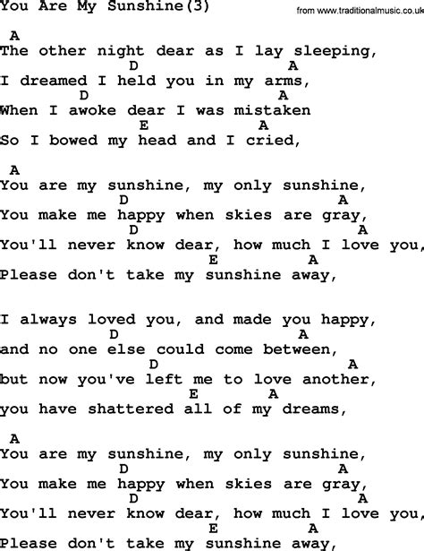 Johnny Cash song: You Are My Sunshine(3), lyrics and chords