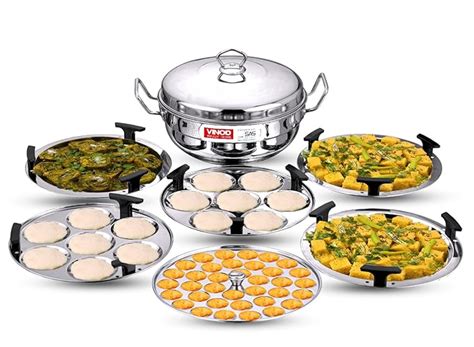 Vinod Stainless Steel Deluxe Multi Kadai with 6 Plates - 26cm, 2 Idli ...