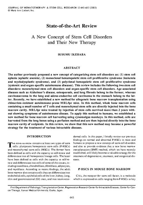 Stem cell disorders - JOURNAL OF HEMATOTHERAPY & STEM CELL RESEARCH 12: ...