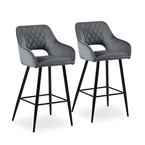 Buy CLIPOP Grey Bar Stools Set of 2 Velvet Kitchen Island Bar Chair ...