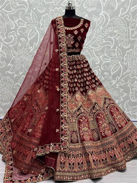 Buy Maroon Multi-Work Velvet Bridal Lehenga Choli From Ethnic Plus