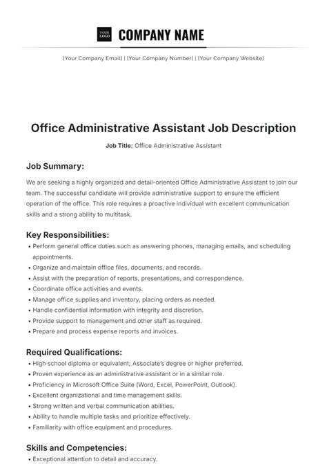 Free Office Administrative Assistant Job Description Template to Edit Online