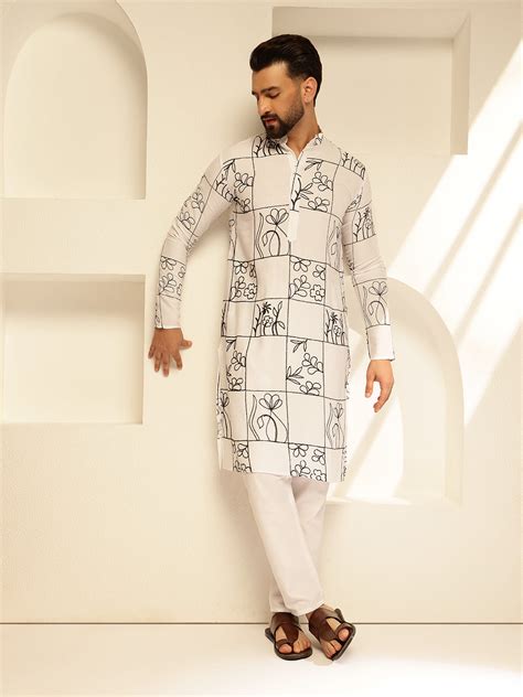 Men's Cotton Silk Floral Embroidered White Kurta With Pyjama – Sojanya