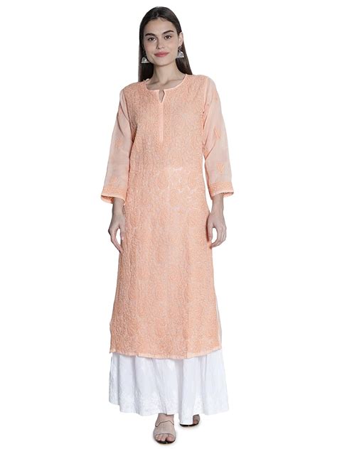 Buy Seva Chikan Hand Embroidered Light Peach Cotton Lucknowi Chikankari ...