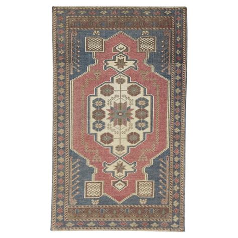 1960s Red and Blue Vintage Turkish Mini Rug 1'9" X 3'2" For Sale at 1stDibs