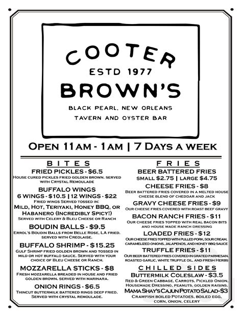 Menu for Cooter Brown's Tavern in New Orleans, Louisiana, United States